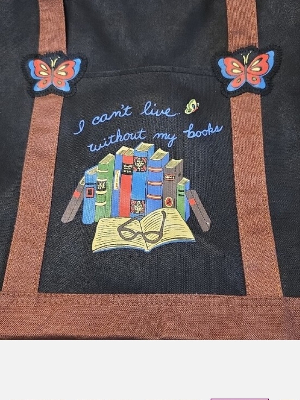 Books & Butterflies Black Canvas Tote with Brown Straps